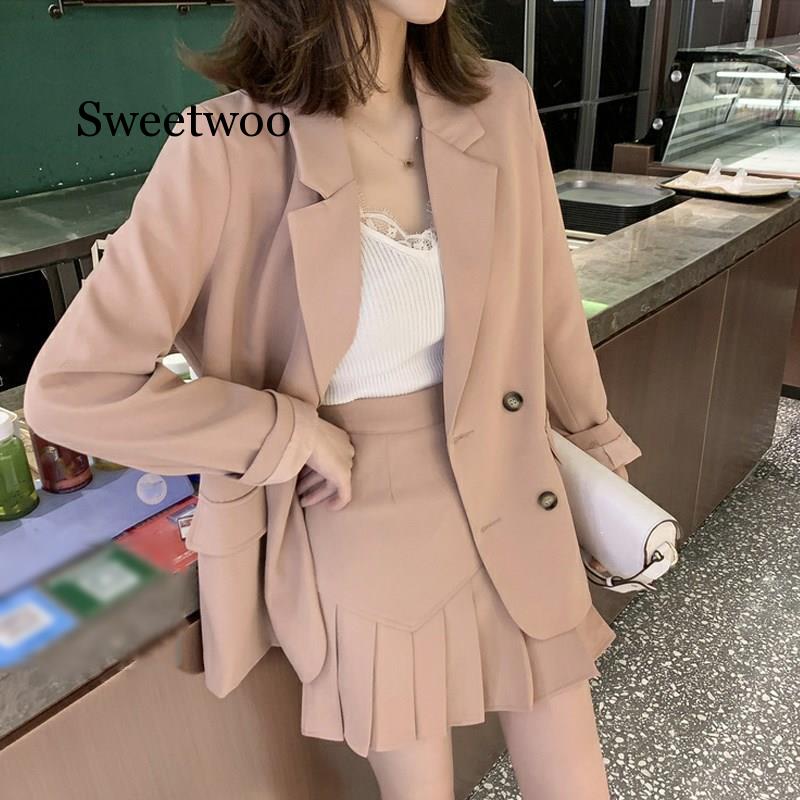 Spring Women Office Blazer Top Pleated Skirt Suits Casual Work Mini Sets Sweet 2 Pieces Female