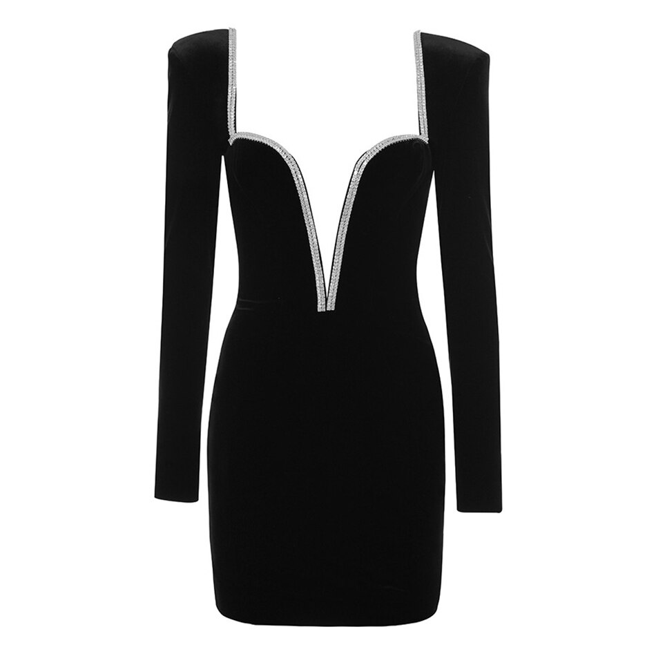 Winter Sexy V-neck Long Sleeve Diamond Backless Black Velvet Bodycon Mini Dress 2022 New Women Celebrity Evening Party Vestidos