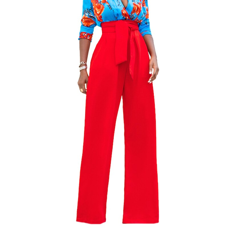 Casual Frill Bow Belted Wide Leg Pants Office Lady Women Trouser High Waist Ankle-Length Femme Pocket Patchwork Bottom