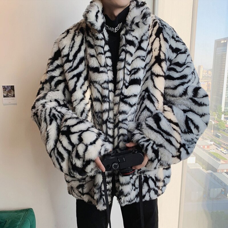 Men Faux Fur Coat Winter Thick Fluffy Long Sleeve Warm Jackets Leopard Print Outerwear Luxury Jacket Elegant Mens Bontjas