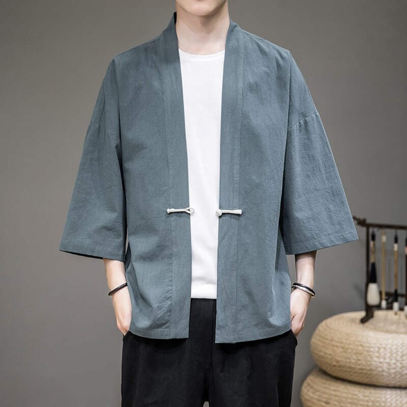 #4345 Summer Jacket Men Cardigan Kimono Coat Loose Cotton Linen Plus Size 4XL 5XL Vintage Outerwear Black Blue Red