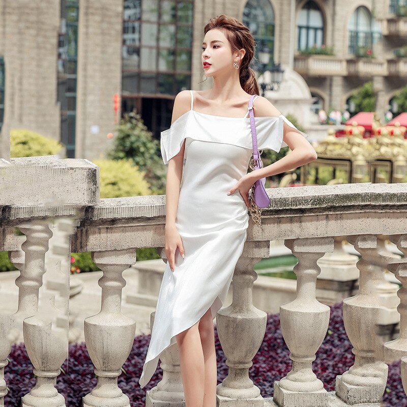 Spring Summer Women Satin Solid Dress Ruffles Irregular Sexy Off-Shoulder SleevelessParty Dresses Korean Long