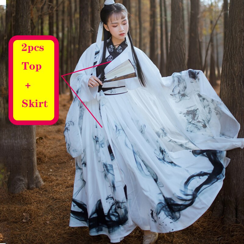 Traditional White Hanfu For Men/Women Ink Print Chinese Folk Dance Ancient Dynasty Clothing Couple Fairy Dress BL4035