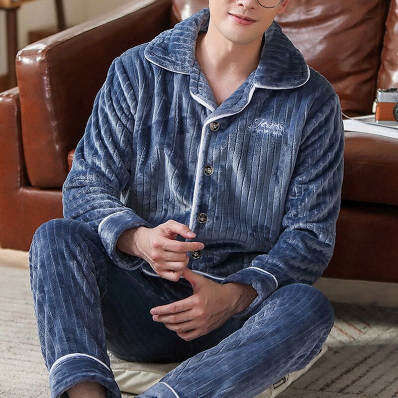 Winter Thick Warm Soft Flannel Pajamas Set Men Night Pijama Long Sleeve Pyjama Sleepwear Suit Casual Homewear 45Kg-105kg