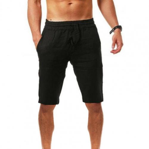 Men Shorts Solid Color Breathable Cotton Linen Drawstring Mid Rise Short Pants Knee-length For Running Pantalones Cortos