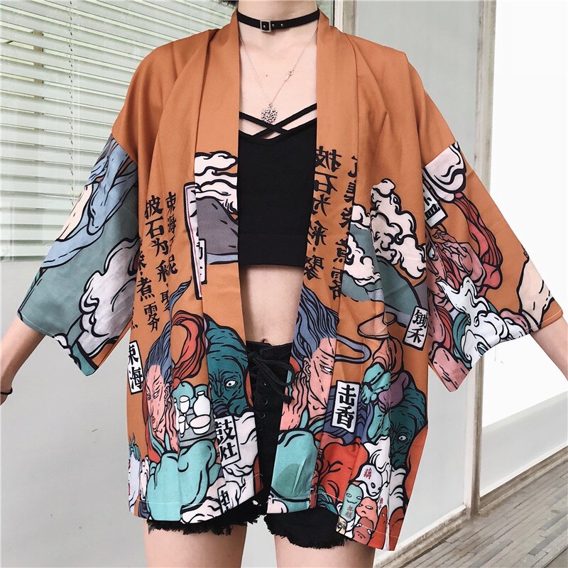 Bebovizi Japanese Style Black Kimono Yukata Men Women Cardigan Haori Obi Summer Cosplay Shirt Blouse Robe Female Asian Clothing