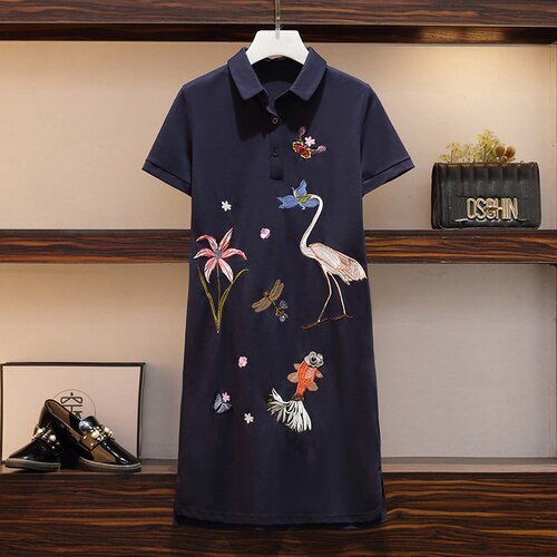 Summer Polo Dress Women Embroidery Floral Graphic Elegant Midi Dresses Plus Size L-4XL Long Tshirt Female Clothes