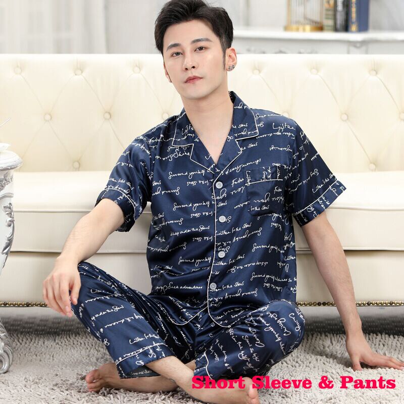 Quality Men's Stain Silk Pajama Set Men Pajamas Sleepwear Male Modern Style Short Sleeve Shorts Suit Nightgown Summer