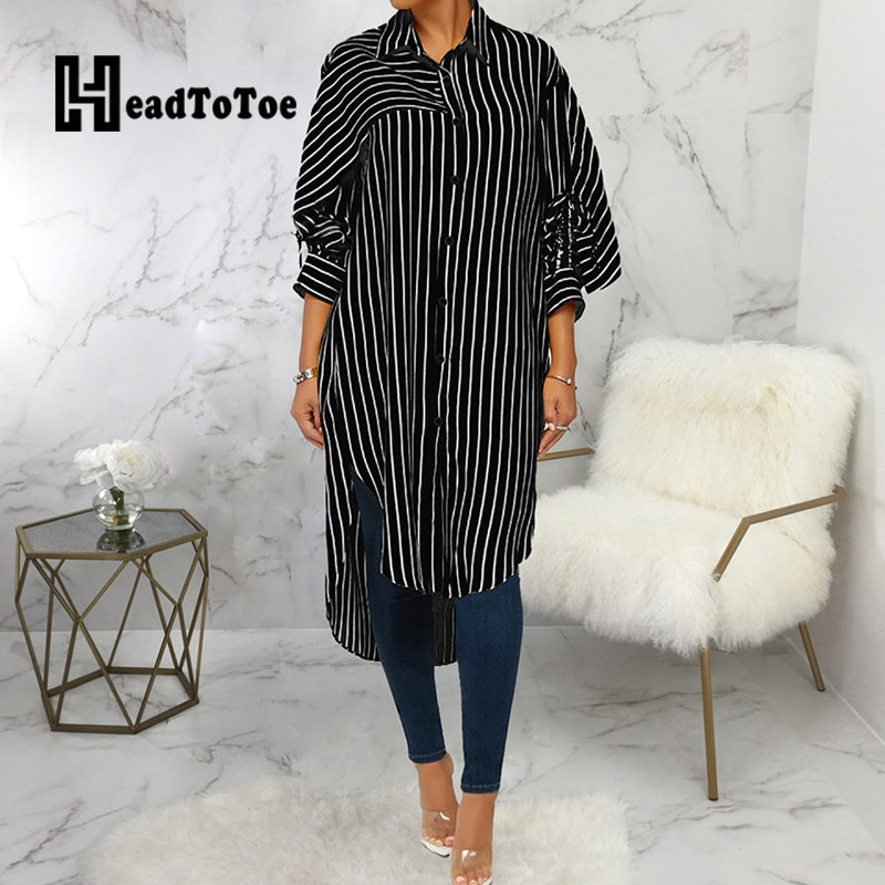 Striped Print Button Loose Casual Fashion Brief Dress Women Long Lantern Sleeve Turn Down Collar Mid-calf Straight