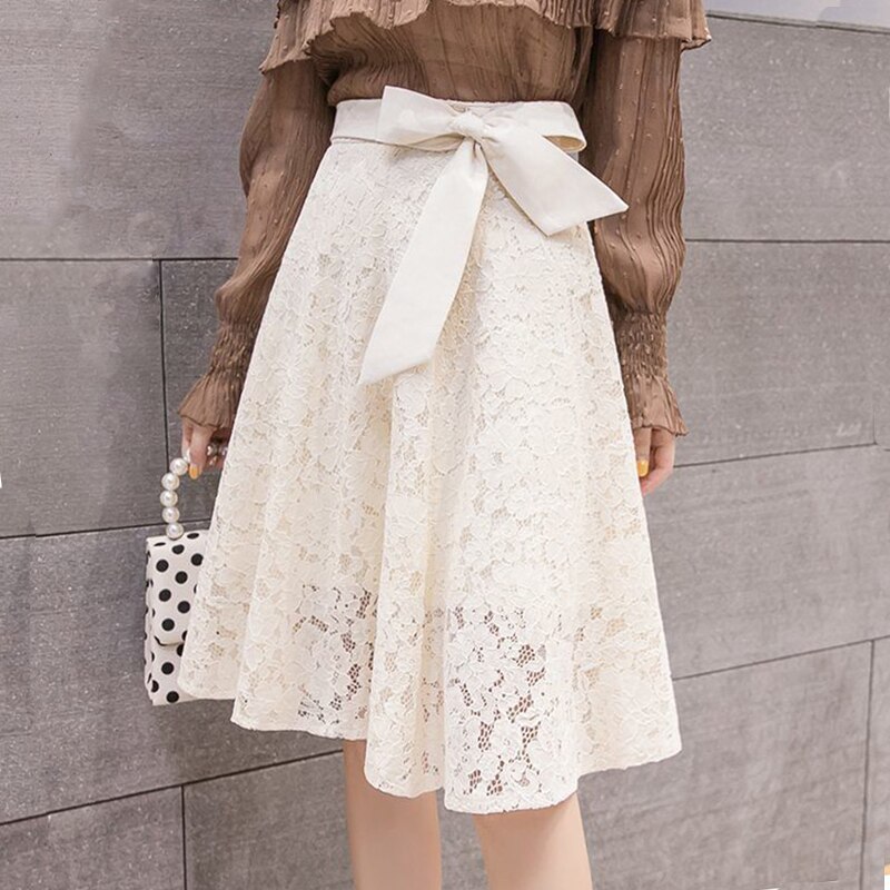 Vangull Plus Size Lace Skirts Womens Summer Flower Cutout High Waist A-line Knee-Length Big Skirt Bow Tie Sweet Feminine