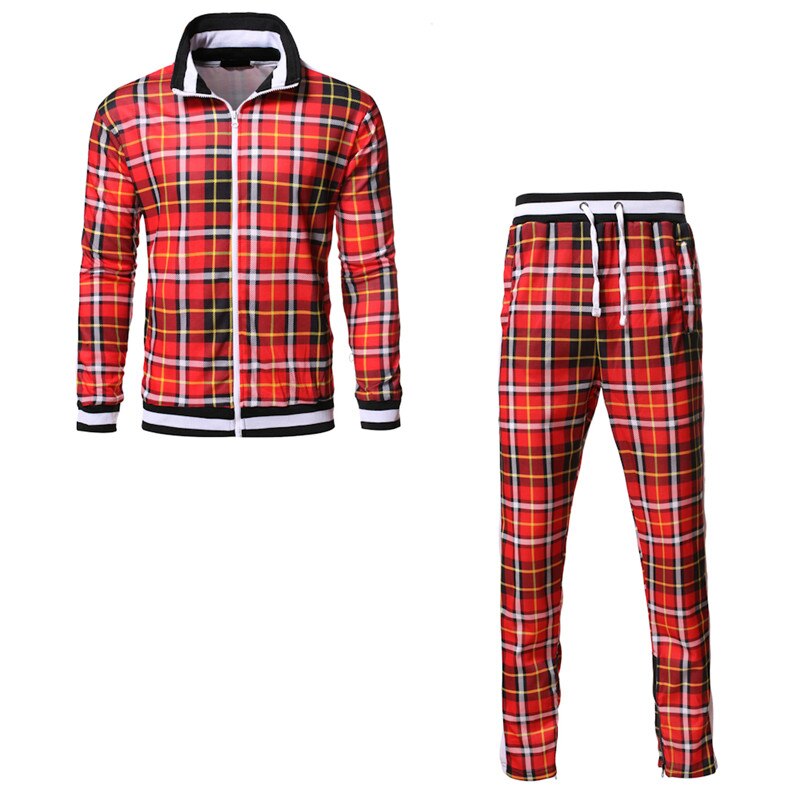 Tracksuit Men Autumn Fashion Plaid Casual 2 Pieces Sets Men's Jacket+pants Sportswear Sports Suit