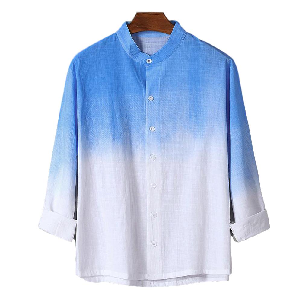 Men Shirt Leisure Fashion Gradient Printing Cardigan Cotton And Linen Slim Long-sleeved Male Tops New