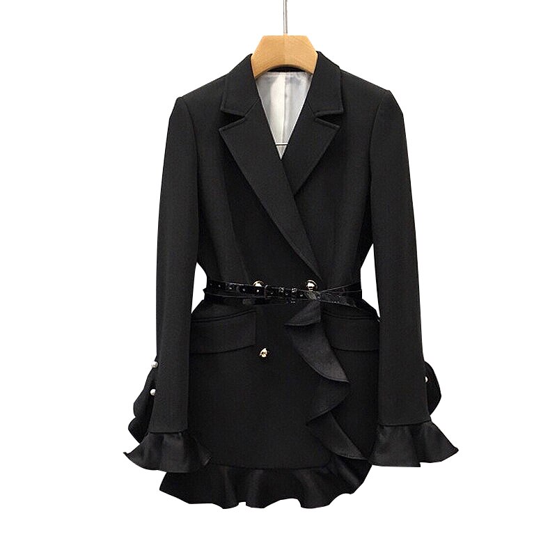 Womens Blazer Black Patchwork Ruffle Suit Notched Long Sleeve High Waist With Sashes Female 2022 Autumn Fashion