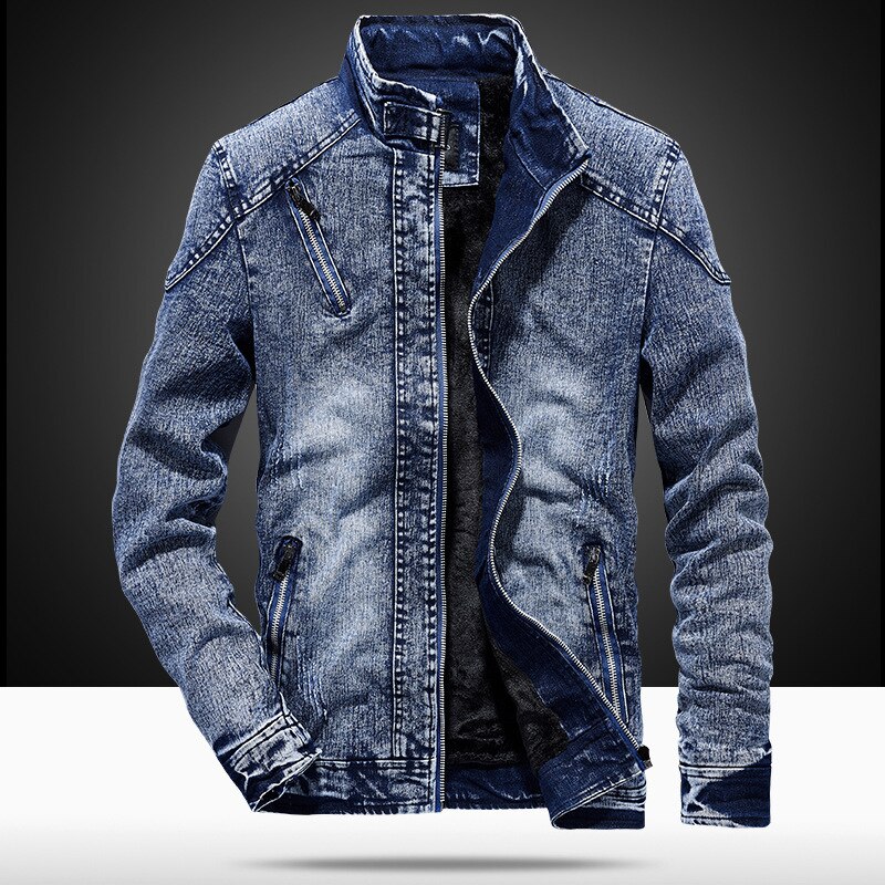 New Vintage Mens Denim Jacket Solid Casual Jeans Coat Fashion Stand Clothes For Men Black Blue Bomber