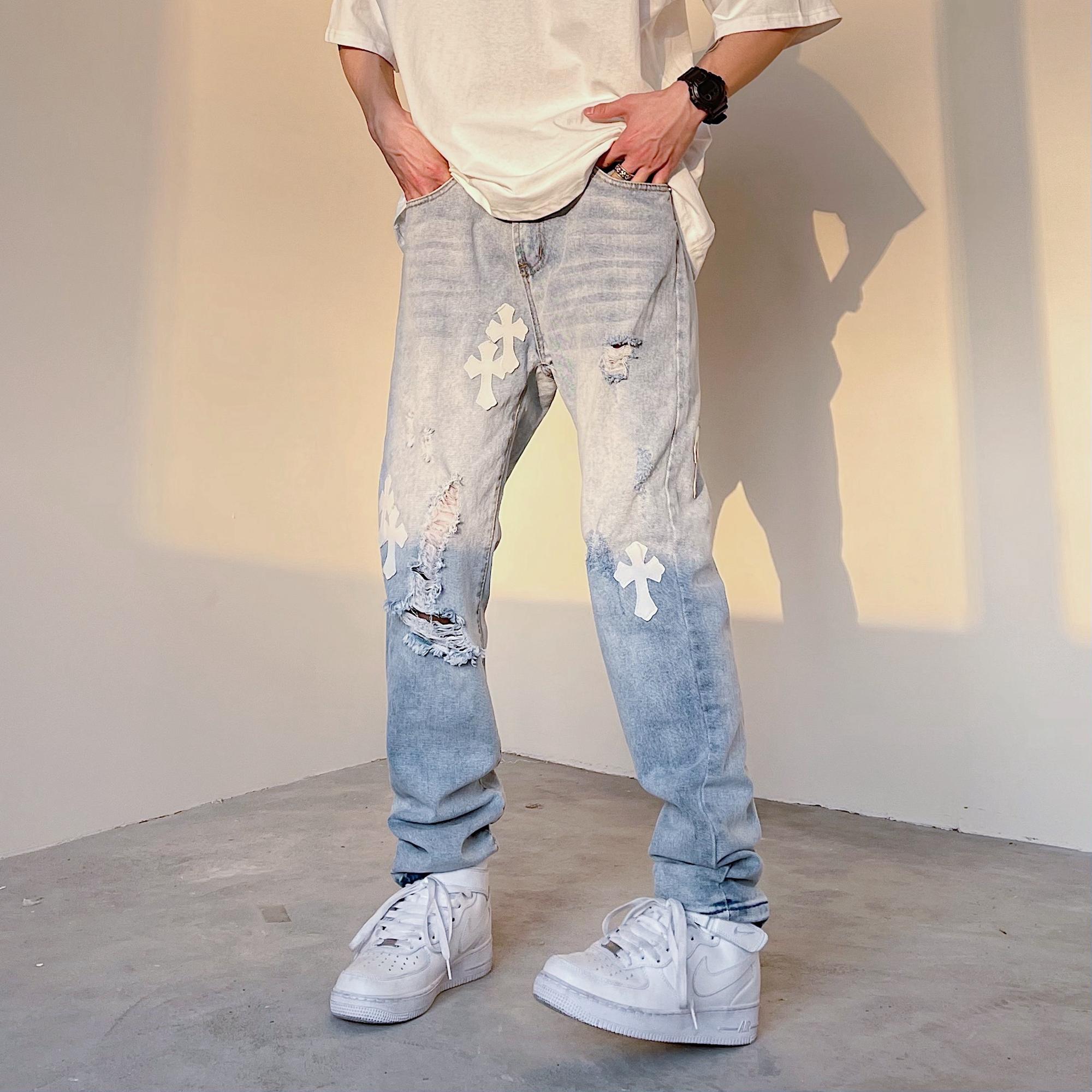 Western Style High Street Cross Sticking Cloth Men's Ripped Jeans Men Fashion Pencil Pants Ins Hot Slim Chic Jean Trousers