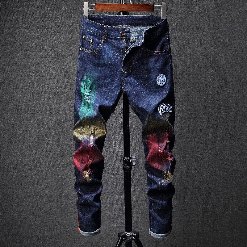 New Design Skinny Jeans Men Streetwear Printed Punk Pants