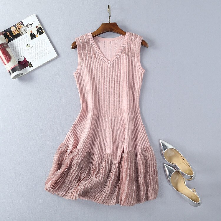 New 2022 Spring Summer Fashion Dress Ladies Mesh Knitted Patchwork Sleeveless White Pink Tank Girls Sweater Slim