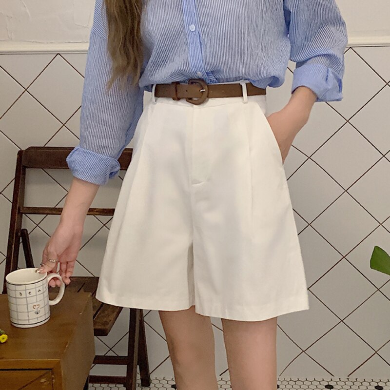 Aelegantmis Sashes Oversized Casual Shorts Women High Waist Vintage Wide Leg Loose Korean Style Summer All Match Harajuku