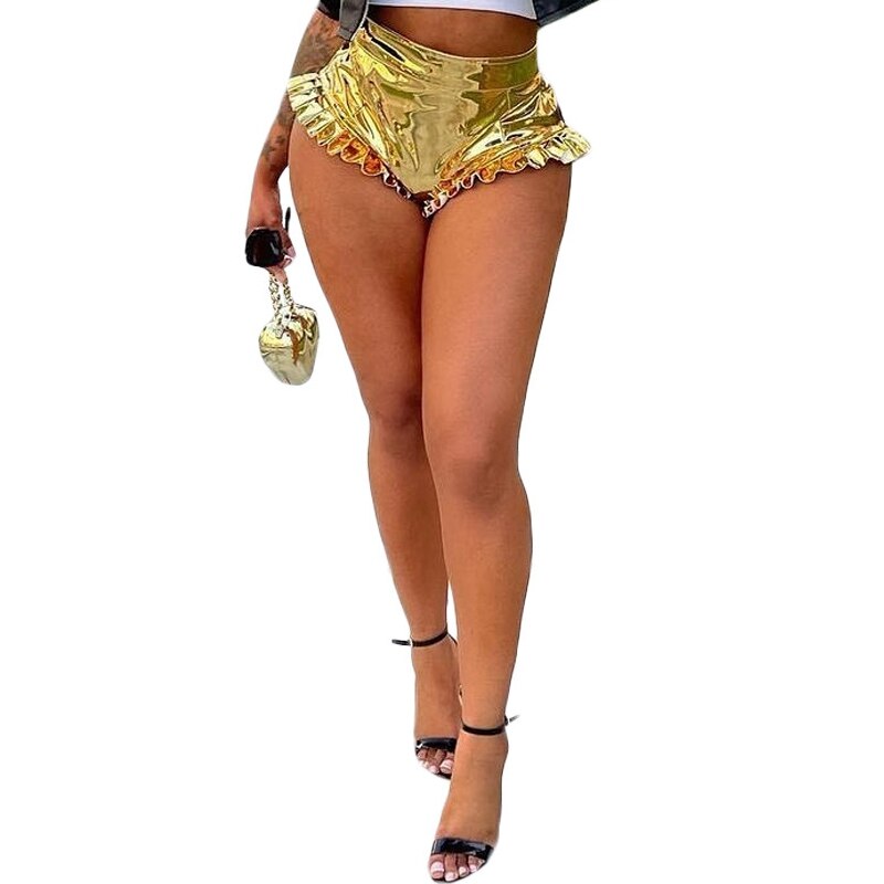 Sexy Ruffle Metallic Bright PU Leather Booty Shorts Women Summer Clothing Y2k Bottoms Festival Club High Waisted