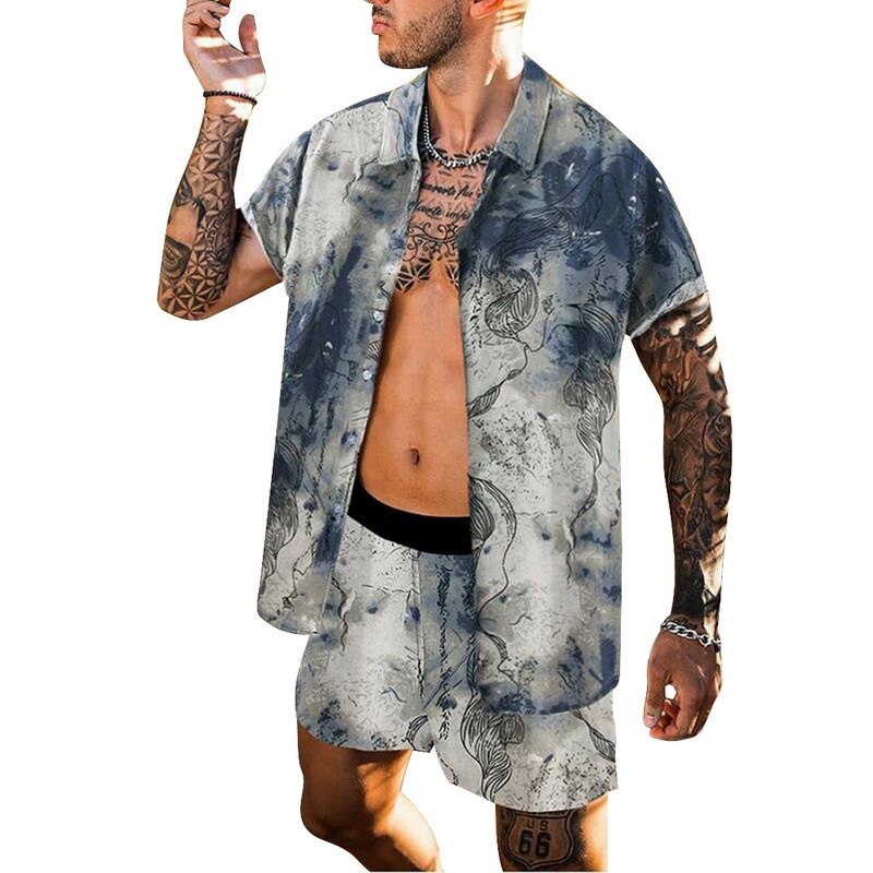 Men Hawaiian Sets Printing 2022 Summer Short Sleeve Button Shirt Beach Shorts Streetwear Casual Mens Suit 2 Pieces