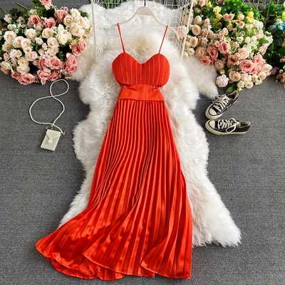 Vintage Runway Beach Sleeveless Spaghetti Strap Party Sexy Solid Red Dress Boho Sundress Women 2022 Summer Backless