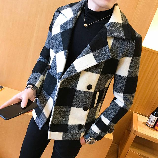 Mens Coat 2022 New Double-breasted Windbreaker Fashion Retro Tartan Large Slim Short Men's Banquet Party Dress