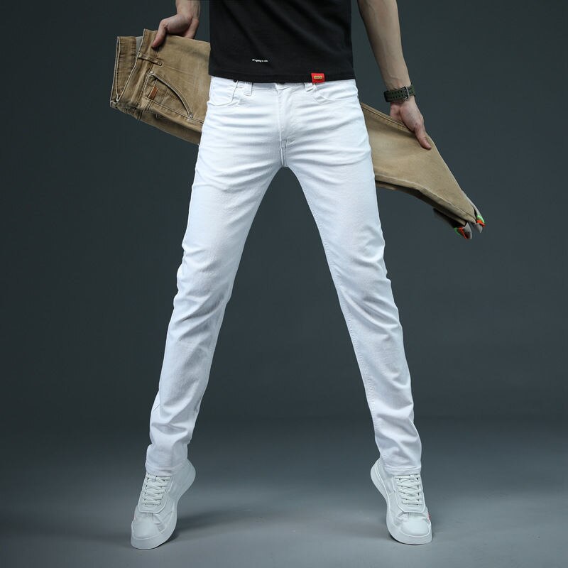 Mens Jeans Summer Thin Cotton Casual Trousers All-Match Stretch Slim Low-Rise Waist Zipper Denim Pencil Pants