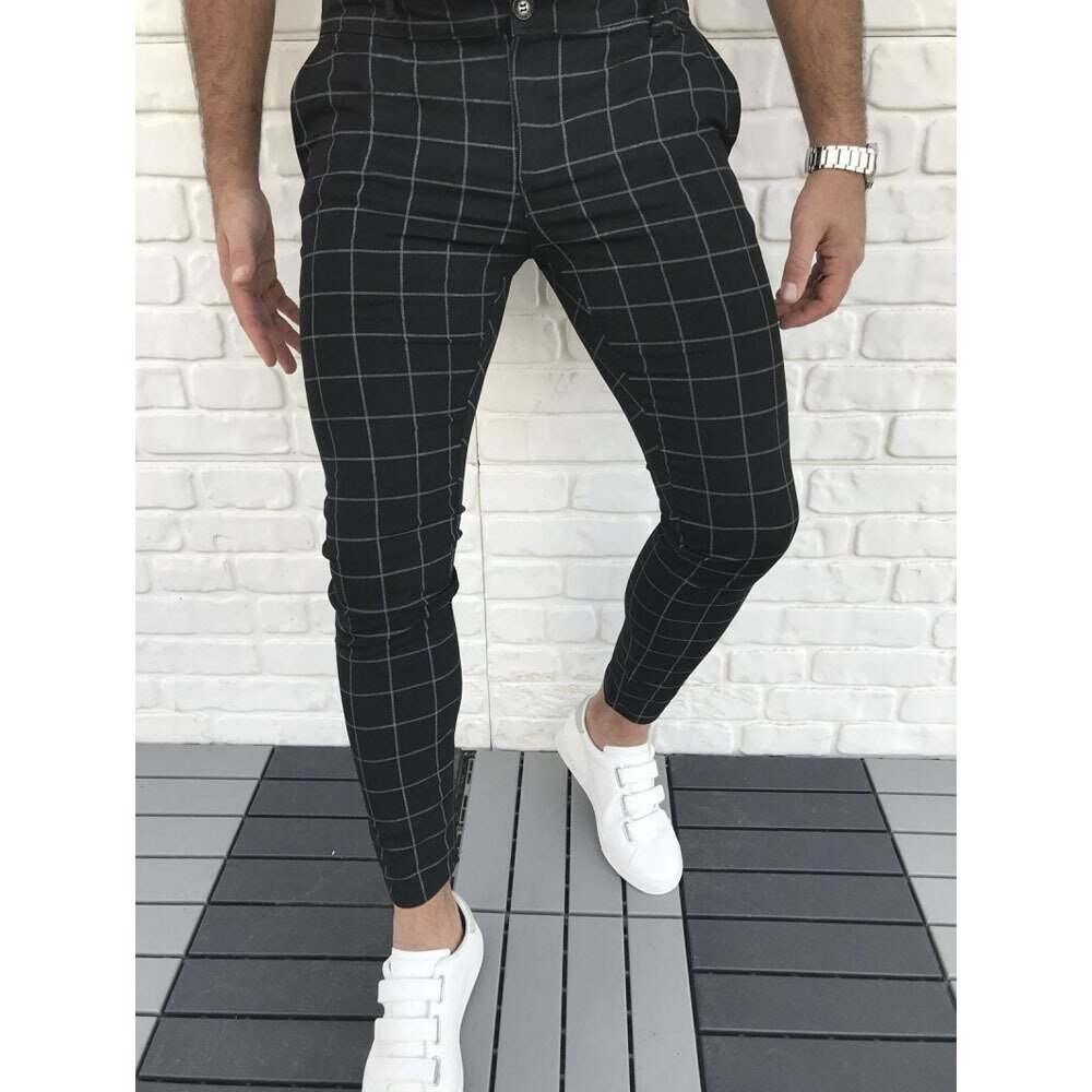 Men England Style Vintage Casual Pants Mid Waist Button Plaids Checkered Full Length Trousers Pencil Slim Fit 3XL