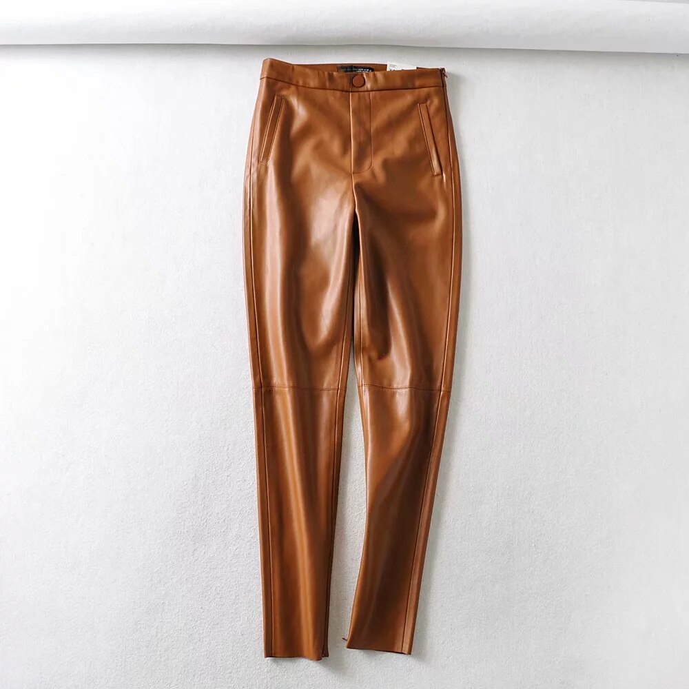 New Womens PU Skinny Pant Trousers Sexy Slim Leather Pencil Pants High Waist Zipper Winter Warm Sweatpant Brown Black 2022