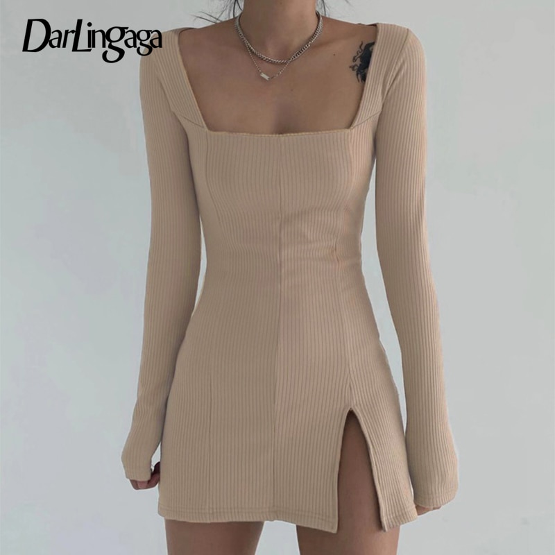 Darlingaga Elegant Square Neck Ribbed Black Dress Female Knitted Side Split Bodycon Long Sleeve Fashion Mini Dresses Basic