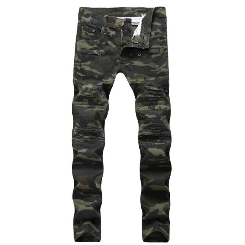 European Style 2022 Men's Jeans Denim Trousers, Army Green Camouflage Straight Pants Slim Jeans, Zippers Biker Men