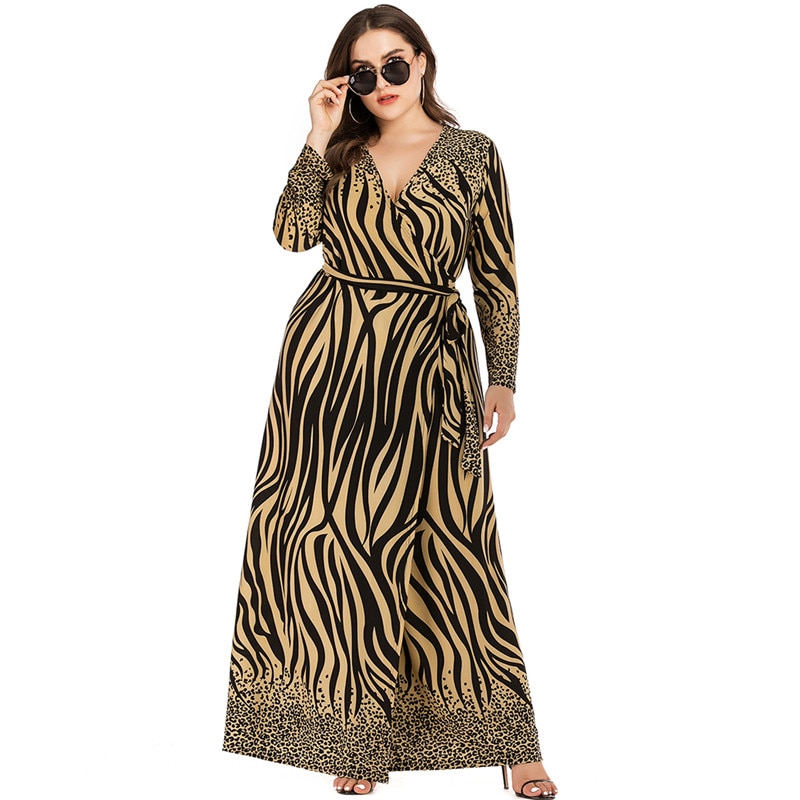 6XL Plus Size Winter Dress Long Sleeve Women V Neck Striped Leopard Print Casual Maxi Dresses Belted Split Wrap