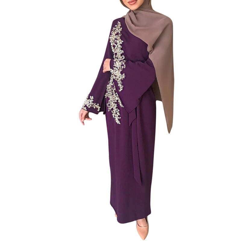 Women Muslim Dubai Abaya Long Sleeve Maxi Dress Floral Lace Beading Hijab Kaftan