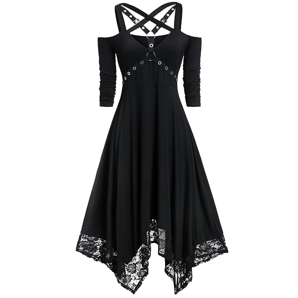 Gothic Dress Women Black Goth Off Shoulder Lace Patchwork Punk Rock Cross Strap Plus Size Sexy Vintage Midi