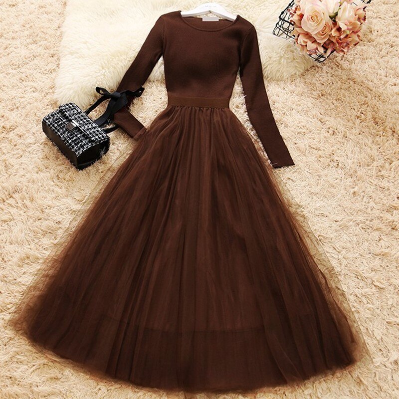 Female Knit Mesh Patchwork Dress Long Sleeve Ball Gown Elegant Woman Casual Knitted A-line Dresses Wq1286 Dropship