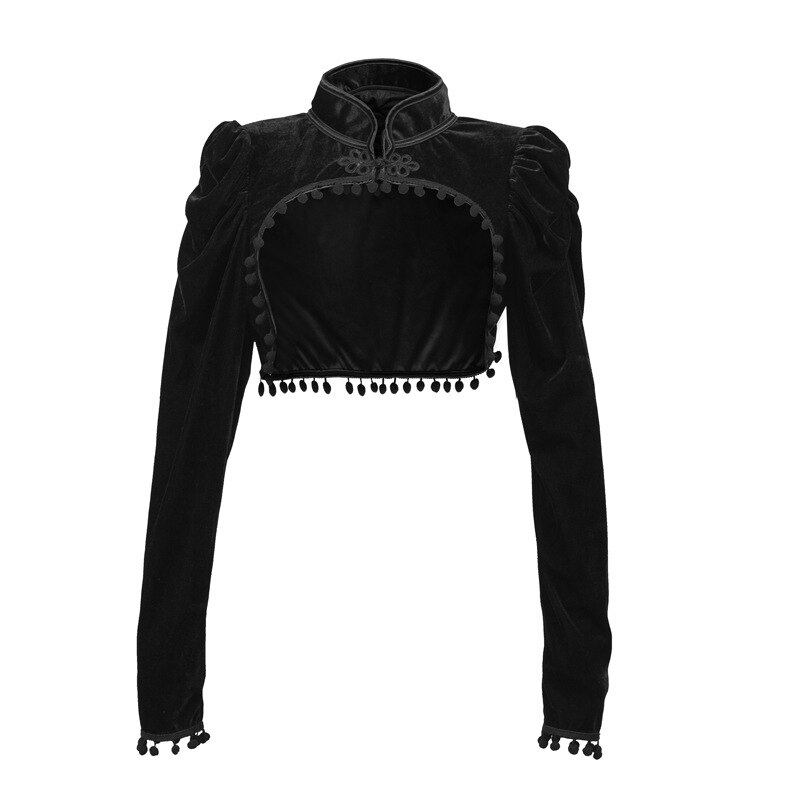 Black Velvet Short Steampunk Crop Jacket Stand Long Sleeve Autumn Women Gothic Bolero Victorian Coat Vintage Corset Accessories