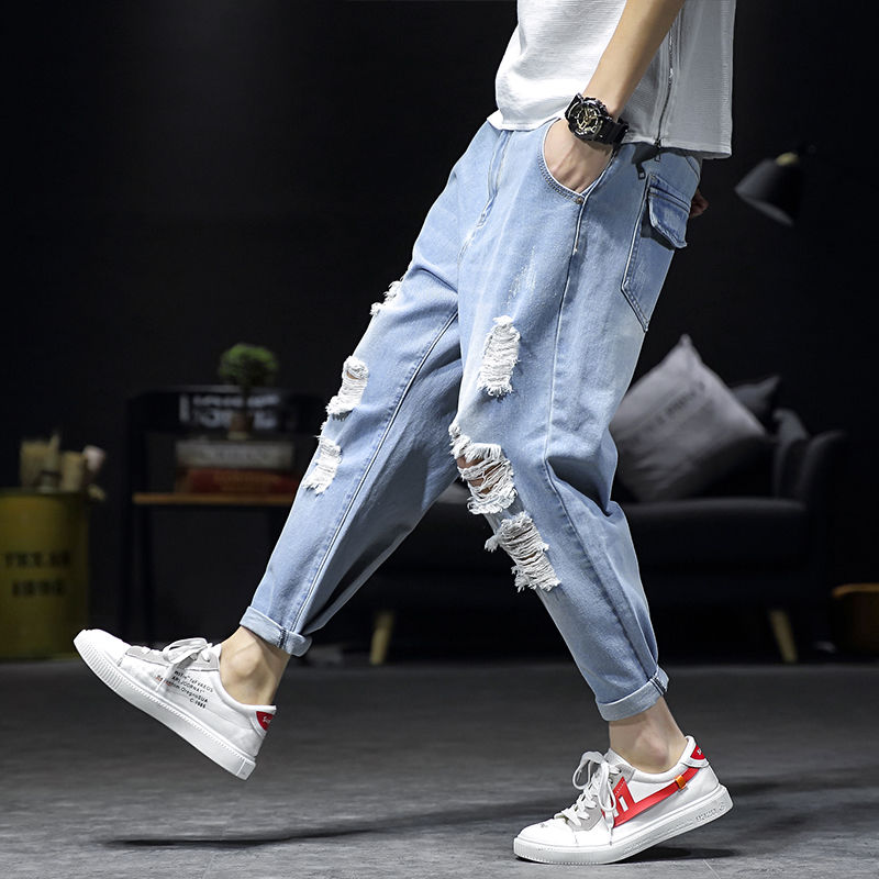 Ripped Jeans For Men Baggy Streetwear 5xl Plus Size Ankle Length Denim Trousers Casual Jogger Black