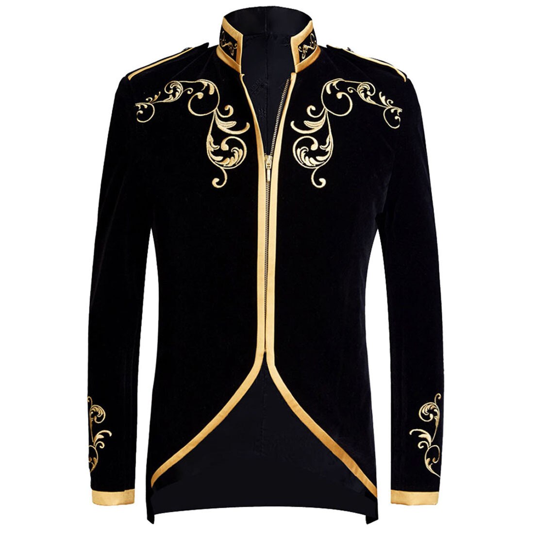 Mens Stylish Court Prince Black Velvet Gold Embroidery Blazer Suit Jacket Wedding Groom Slim Fit Men Singers Coat