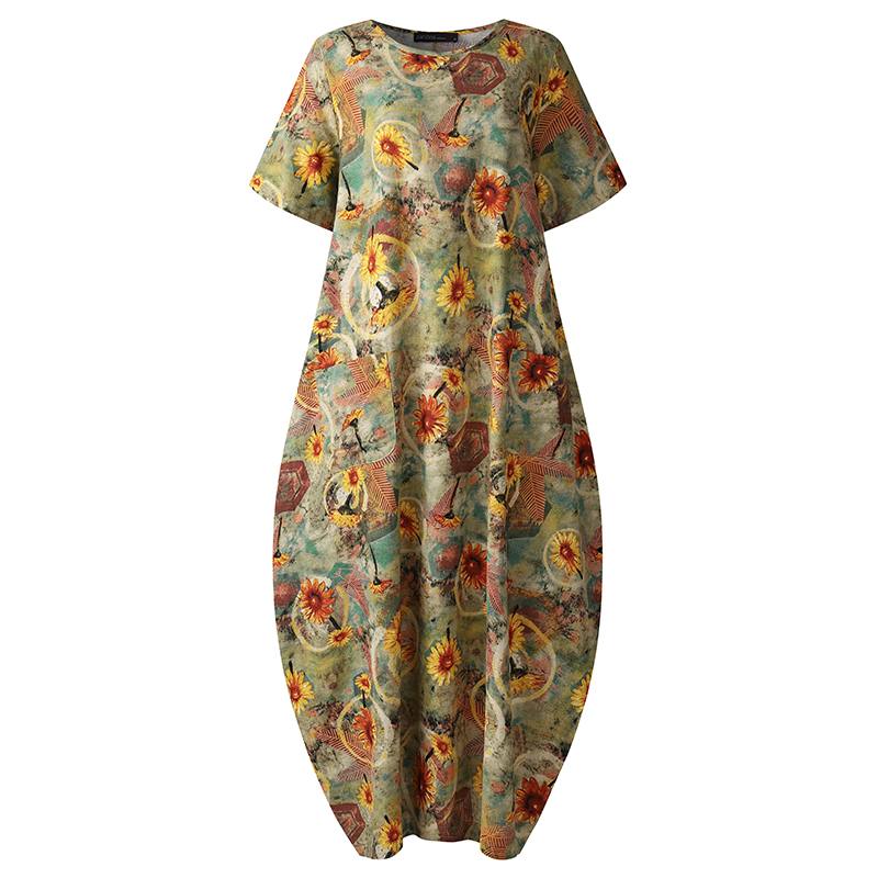 Summer Vintage Floral Printed Sundress Women Short Sleeve Dress Casual Bohemian Cotton Linen Vestido Kaftan Plus Size 7