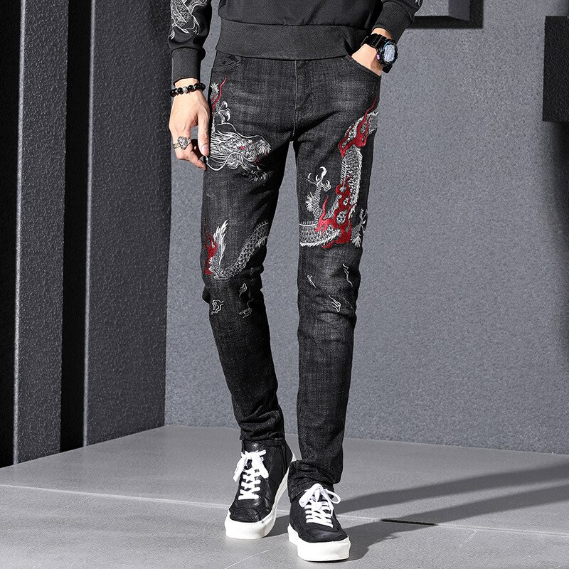 Men's Chinese Dragon Embroidery Jeans Fashion Embroidered Slim Straight Stretch Denim Pants Trousers