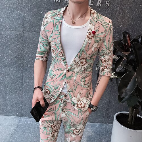 Half Sleeve Flowers Printed Suits Coat Men Summer Fashion Floral Designer Tuxedos Slim Fit Blazers Jacket Pants 2 Pcs Set