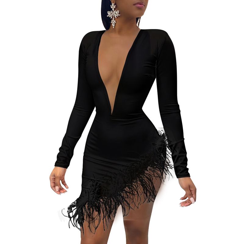 Sexy Feathers Mesh Women V-neck Full Sleeve Elasticity Bodycon Dress Fashion Streetwear Night Party Club Mini Dresses