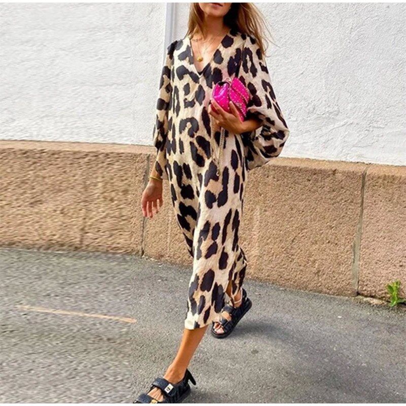 Women Maxi Dresses Loose Leopard Print Three Quarter Lantern Sleeve V-Neck Sexy Vintage Summer Antumn Clothes Vestido Streetwear