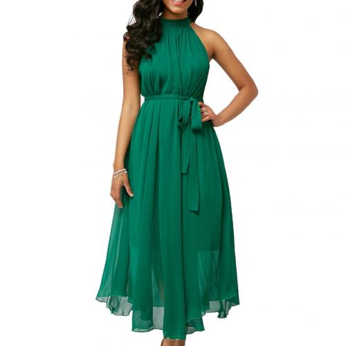Plus Size Womens Dress Summer Solid Color Pleated Chiffon Sleeveless Belted Maxi Party Wear