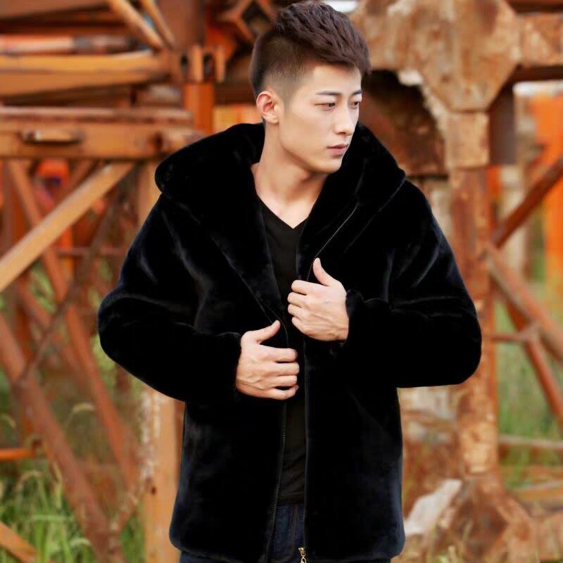 Autumn Winter Mens Faux Fur Mink Coat Short Grey Hooded Plush Fluffy Male Plus Size Xxxl 4xl 5xl Warm Overcoat Men