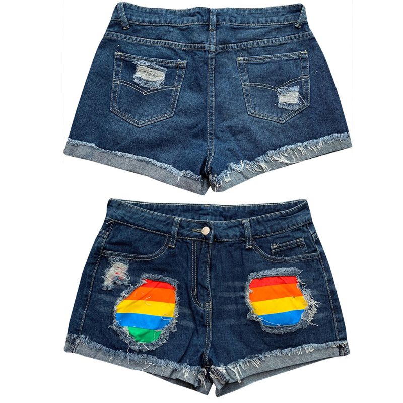 Women Plus Size Summer Mid Waist Denim Shorts Distressed Ripped Hole Rainbow Striped Patchwork Hot Slim Trousers