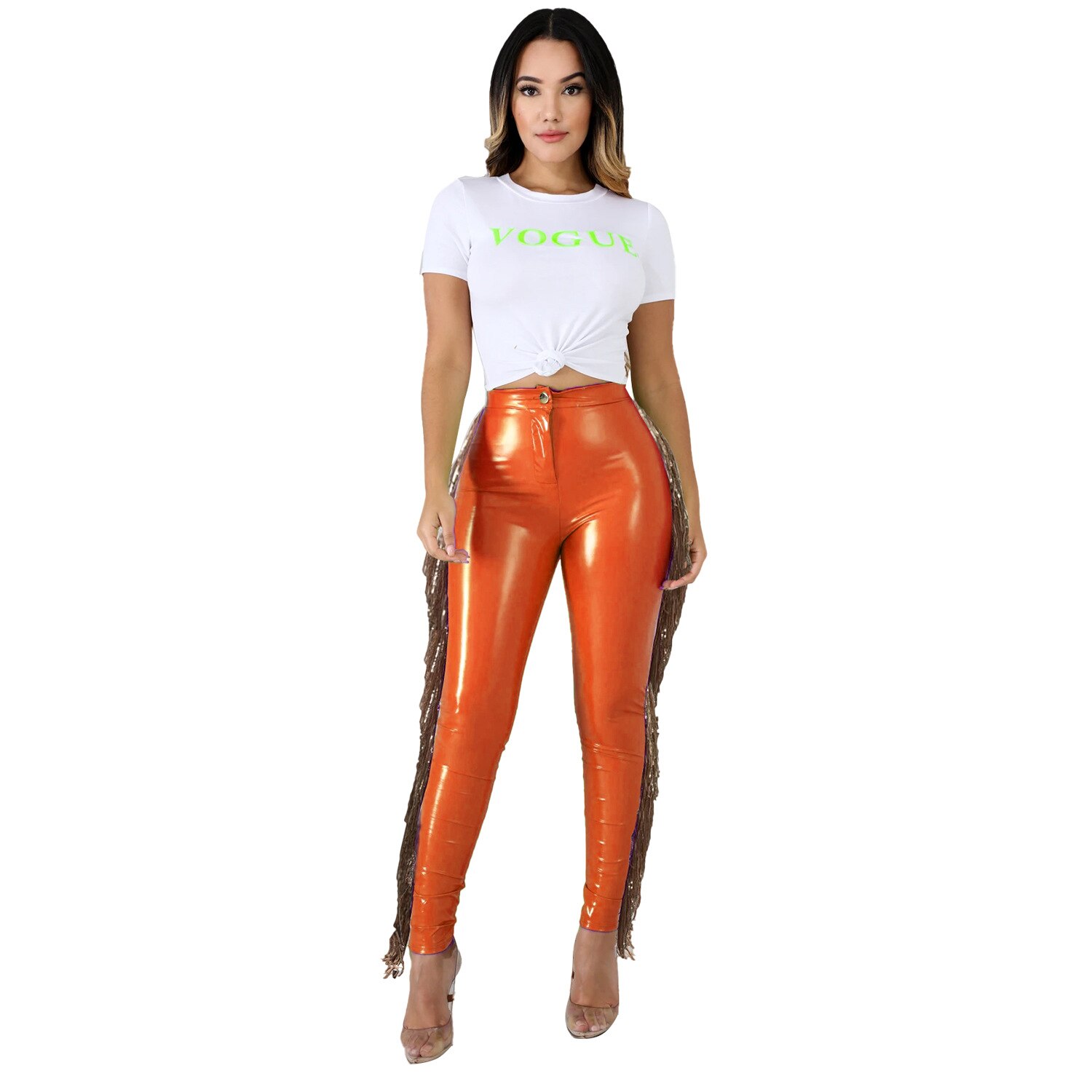 Women Elastic Tassel Splicing PU Pants Leggings High Waist Faux Leather Fleece Trousers Draped Jogger Sweatpants