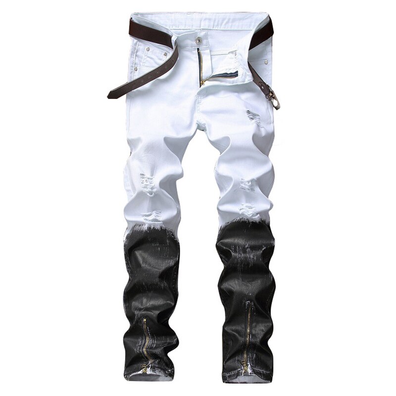 New Ripped Jeans Men Moto Biker Straight Slim Fit Denim Pants Patchwork Fashion Zippers High Street Distressed Coated