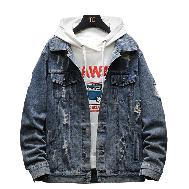 Fashion Men Clothes Denim Jacket Casual Vintage Hole Coats Streetwear