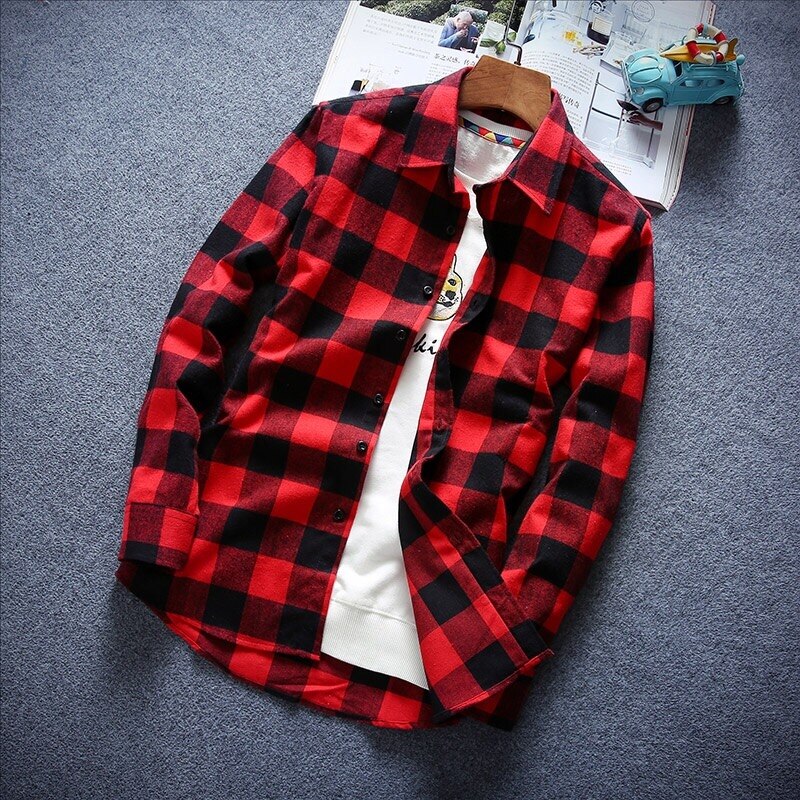 Plaid Shirt Men Long Sleeve Slim Fashion Casual Cotton Pop High Quality Red Black White